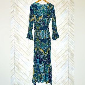 Blue/pink/yellow/white paisley wrap maxi dress.